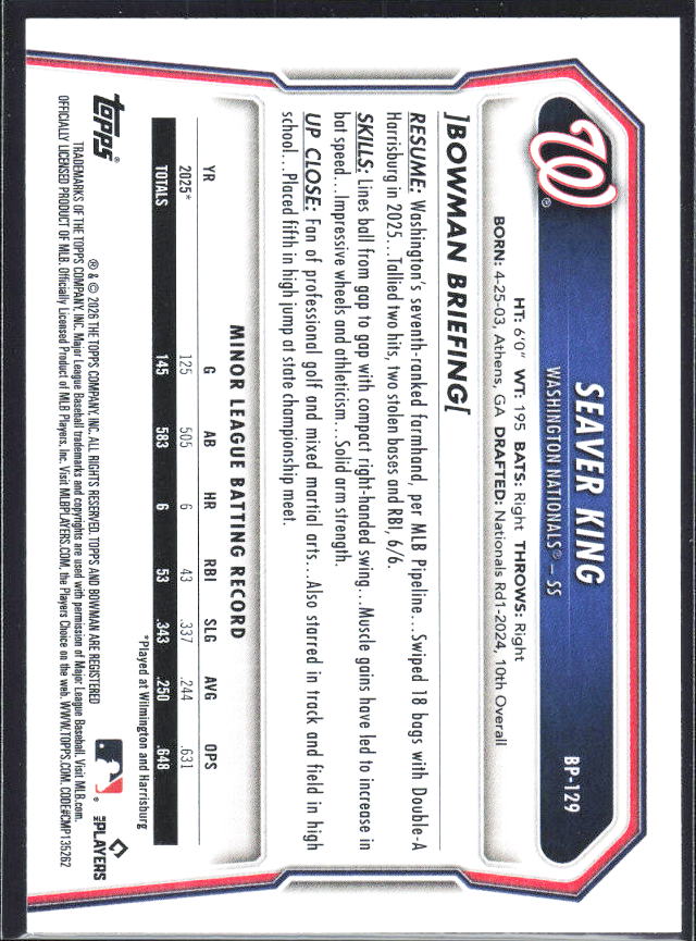 Seaver King 2026 Bowman Prospects #BP-129 – baksida