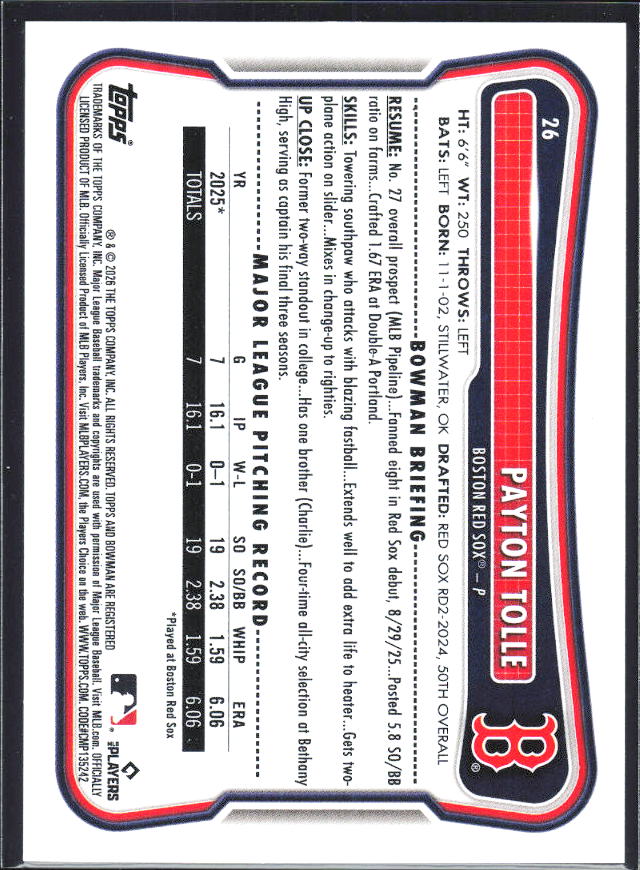 Payton Tolle 2026 Bowman RC #26 – baksida