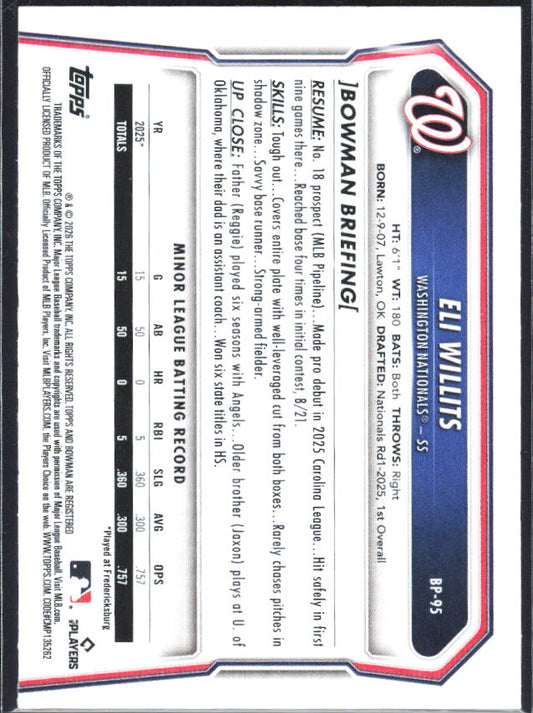 Eli Willits 2026 Bowman Prospects #BP-95 – baksida