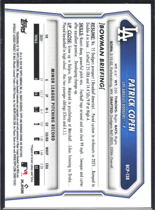 Patrick Copen 2026 Bowman 1st Chrome Prospects #BCP-138 – baksida