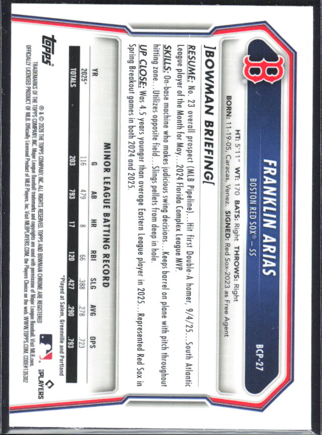 Franklin Arias 2026 Bowman Chrome Prospects #BCP-27 – baksida