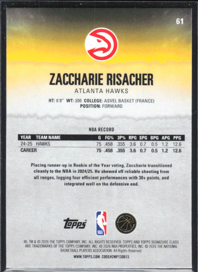 Zaccharie Risacher 2025-26 Signature Class #61 – baksida