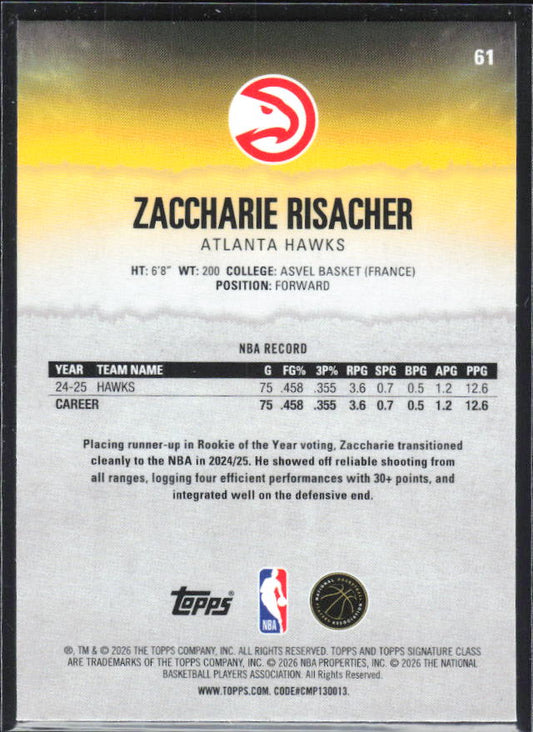 Zaccharie Risacher 2025-26 Signature Class #61 – baksida