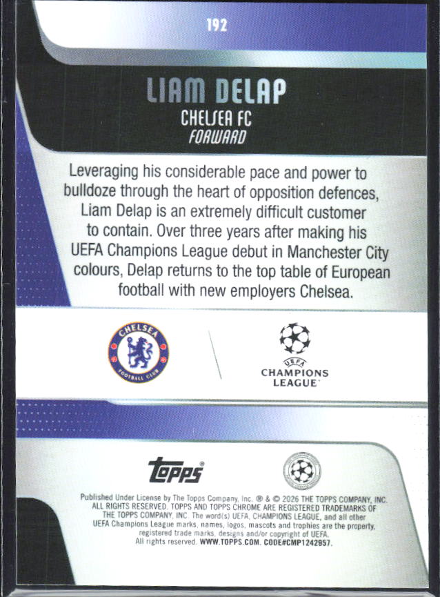 Liam Delap 2025-26 Chrome UEFA #192 – baksida