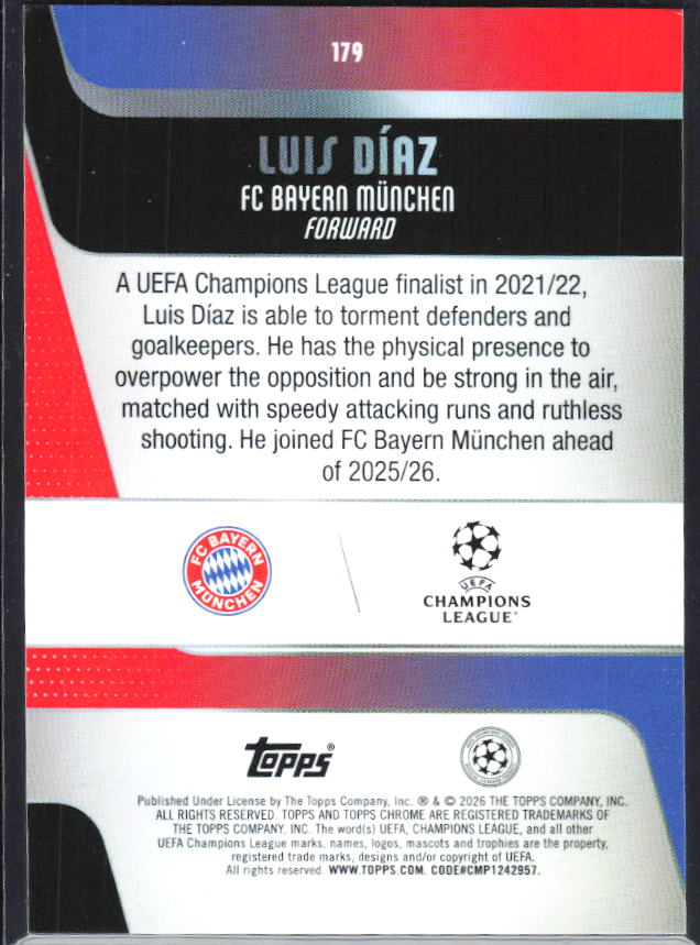 Luis Díaz 2025-26 Chrome UEFA #179 – baksida