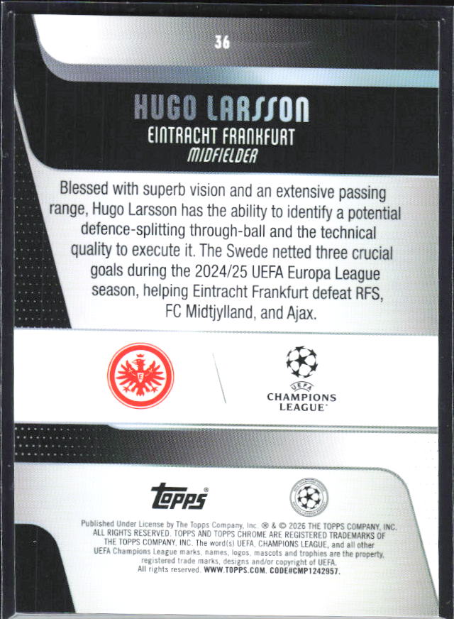 Hugo Larsson 2025-26 Chrome UEFA #36 – baksida