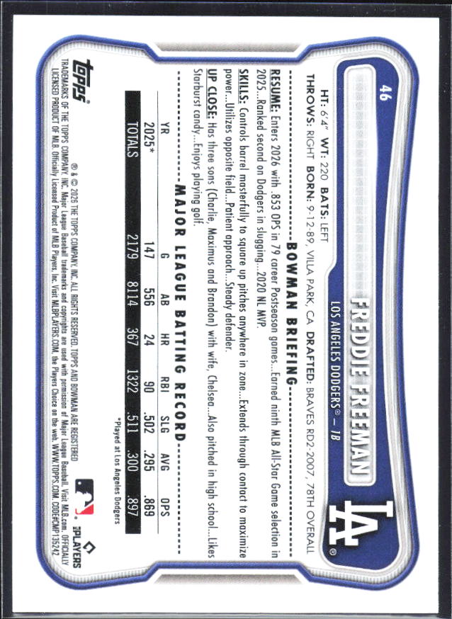 Freddie Freeman 2026 Bowman #46 – baksida
