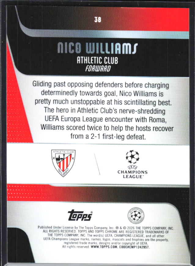 Nico Williams 2025-26 Chrome UEFA #38 – baksida