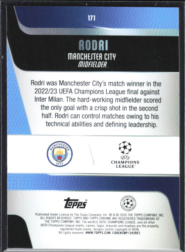 Rodri 2025-26 Chrome UEFA #171 – baksida