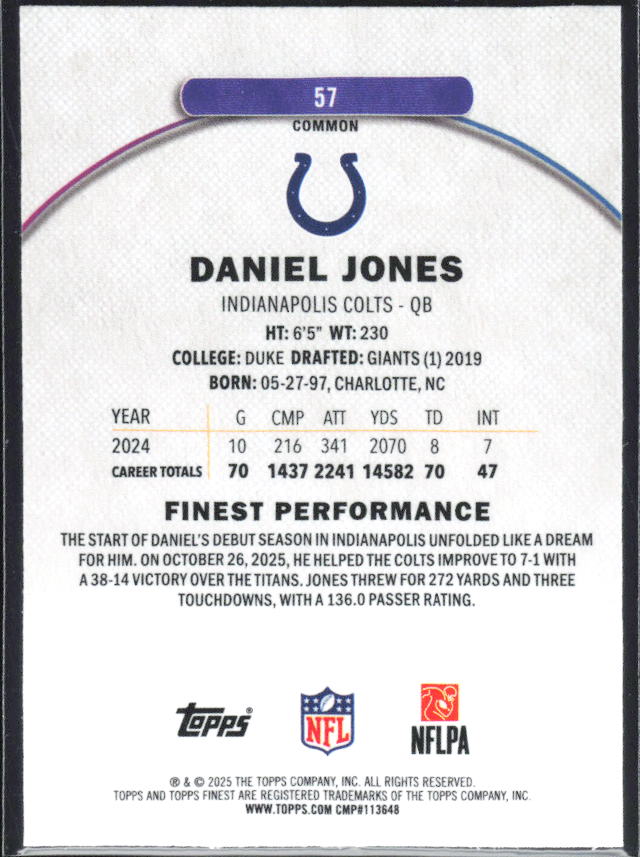 Daniel Jones 2025 Finest Common #57 – baksida