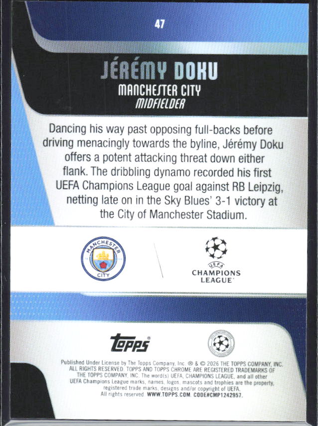 Jérémy Doku 2025-26 Chrome UEFA #47 – baksida