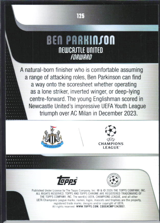 Ben Parkinson 2025-26 Chrome UEFA RC #125 – baksida