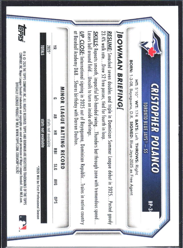 Cristopher Polanco 2026 Bowman Prospects #BP-34 – baksida