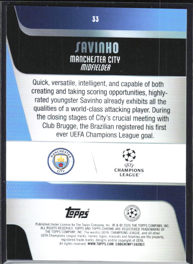 Savinho 2025-26 Chrome UEFA #33 – baksida