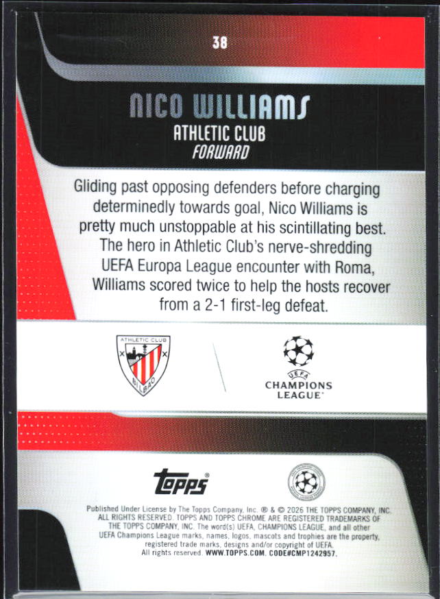 Nico Williams 2025-26 Chrome UEFA #38 – baksida