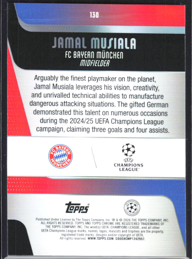 Jamal Musiala 2025-26 Chrome UEFA #130 – baksida