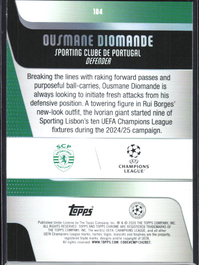 Ousmane Diomande 2025-26 Chrome UEFA #104 – baksida