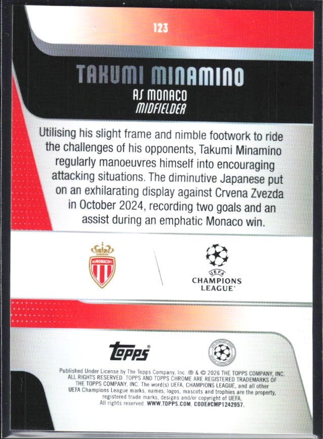 Takumi Minamino 2025-26 Chrome UEFA #123 – baksida