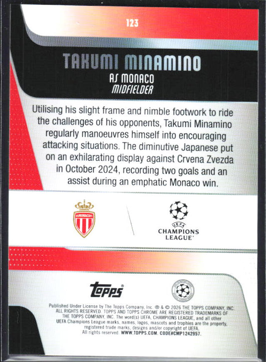 Takumi Minamino 2025-26 Chrome UEFA #123 – baksida