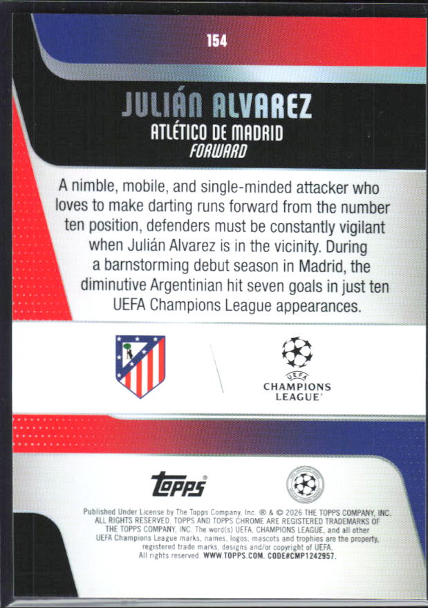 Julián Álvarez 2025-26 Chrome UEFA #154 – baksida