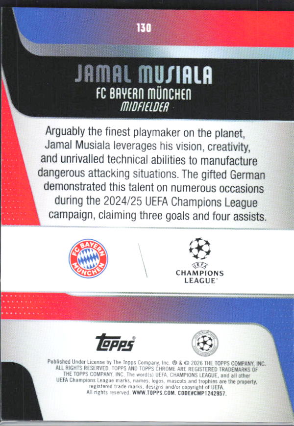 Jamal Musiala 2025-26 Chrome UEFA #130 – baksida
