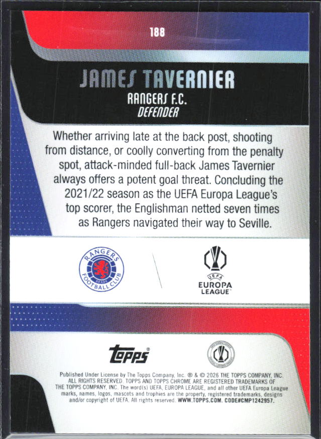 James Tavernier 2025-26 Chrome UEFA #188 – baksida