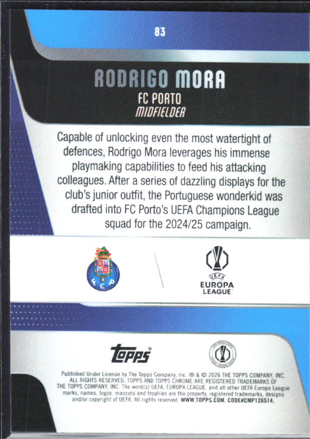 Rodrigo Mora 2025-26 Chrome UEFA Future Stars #83 – baksida