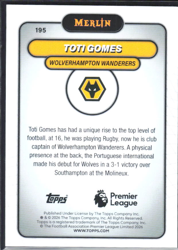 Toti Gomes 2026 Merlin Premier League #195 – baksida