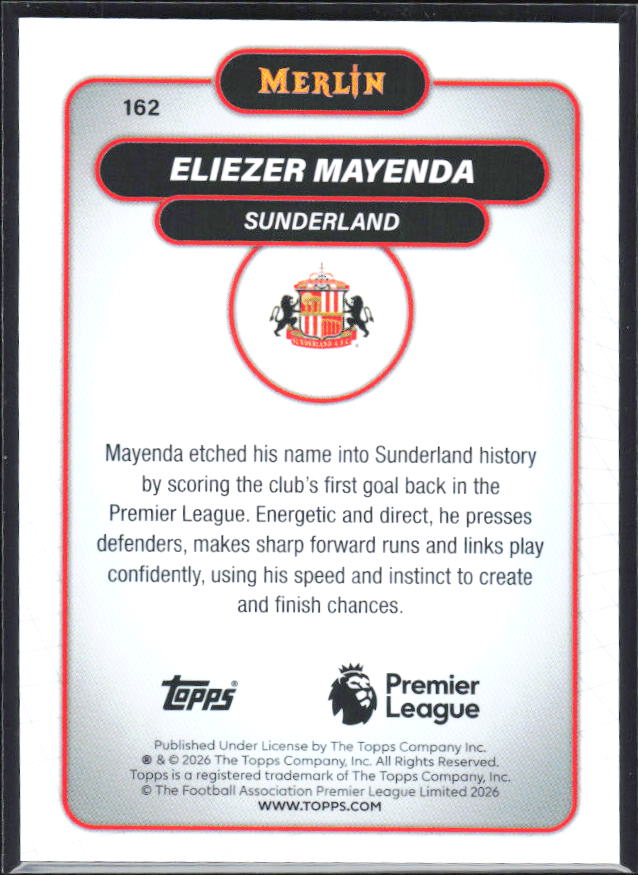 Eliezer Mayenda 2026 Merlin Premier League RC #162 – baksida