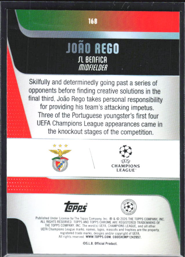 João Rego 2025-26 Chrome UEFA RC #168 – baksida