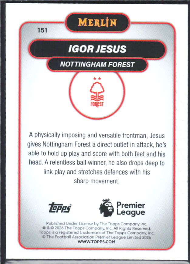 Igor Jesus 2026 Merlin Premier League RC #151 – baksida