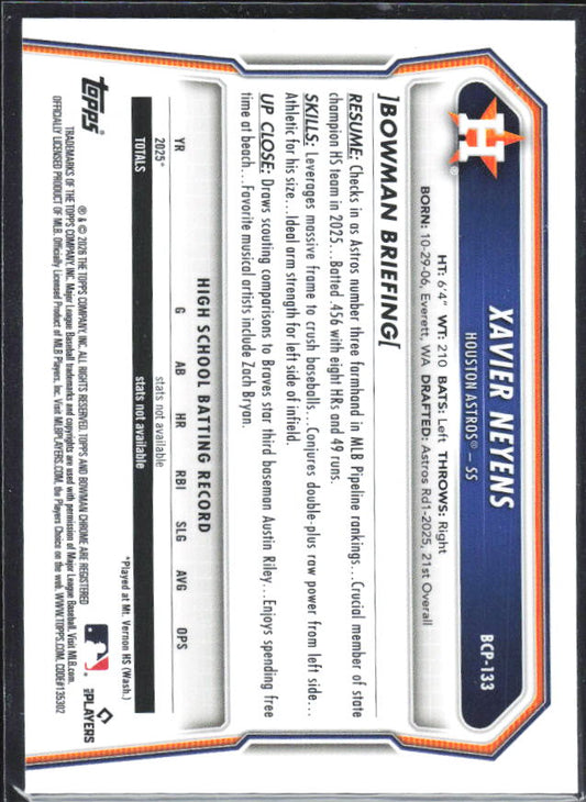 Xavier Neyens 2026 Bowman Chrome Prospects #BCP-133 – baksida