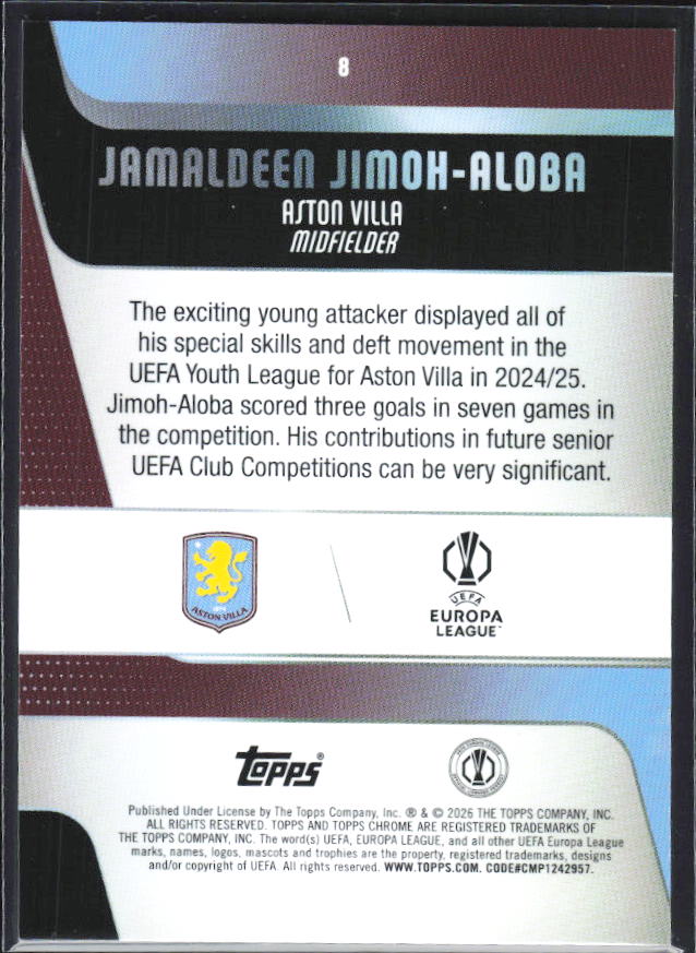 Jamaldeen Jimoh-Aloba 2025-26 Chrome UEFA RC #8 – baksida