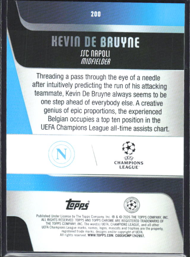 Kevin De Bruyne 2025-26 Chrome UEFA #200 – baksida