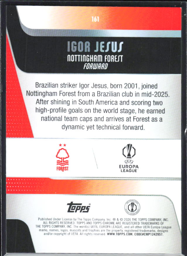 Igor Jesus 2025-26 Chrome UEFA RC #161 – baksida