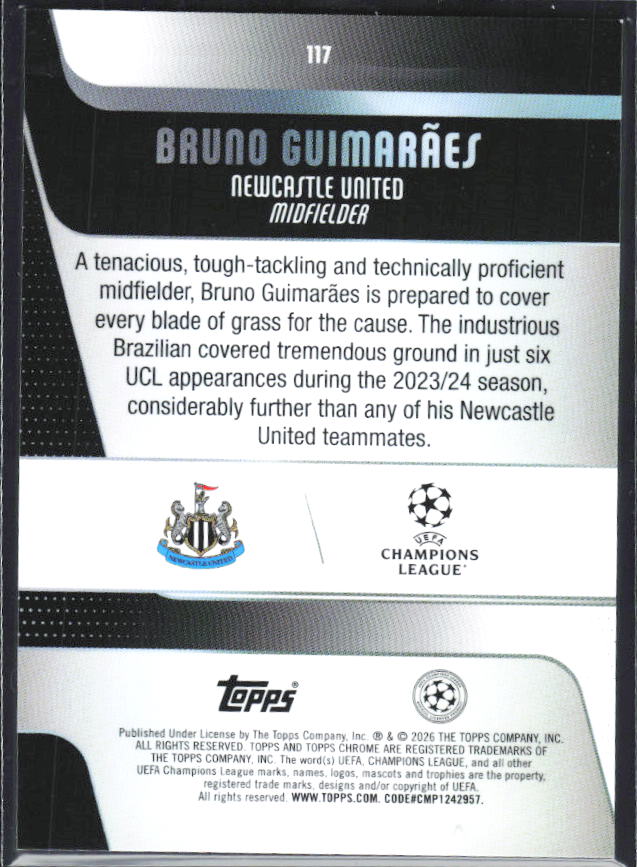 Bruno Guimarães 2025-26 Chrome UEFA #117 – baksida