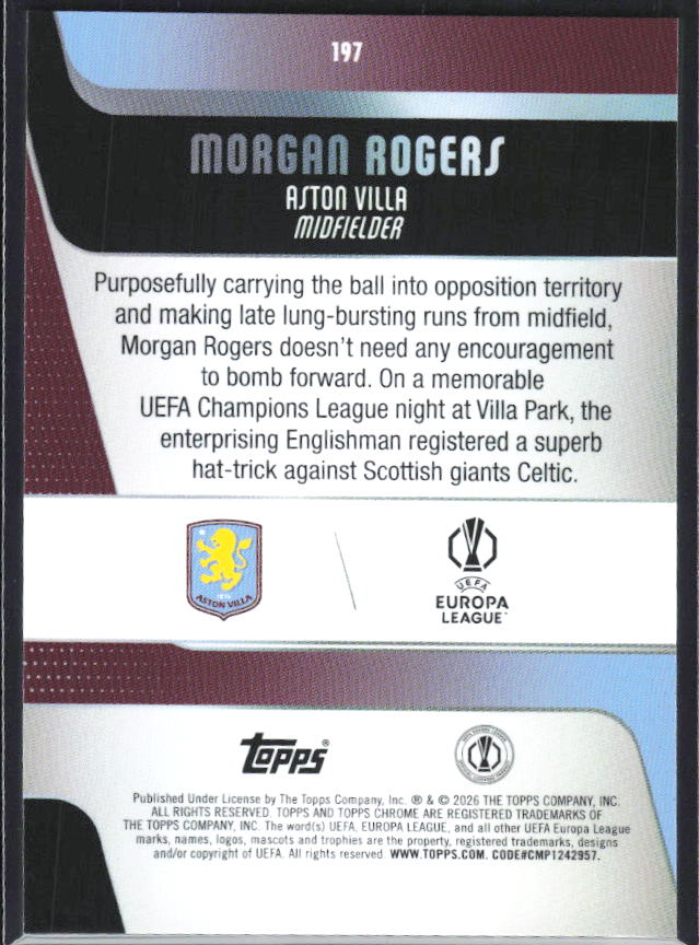 Morgan Rogers 2025-26 Chrome UEFA #197 – baksida