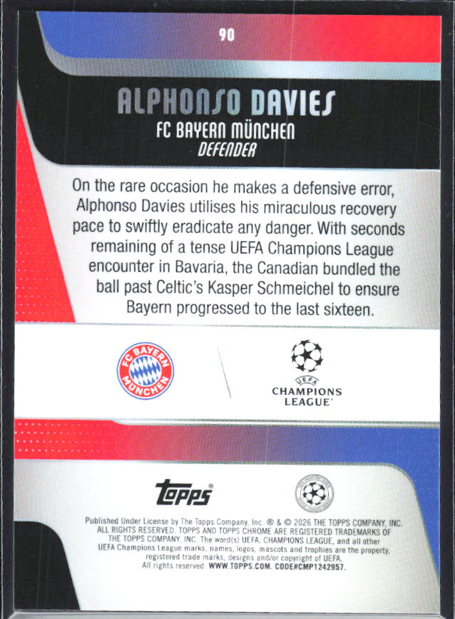 Alphonso Davies 2025-26 Chrome UEFA #90 – baksida