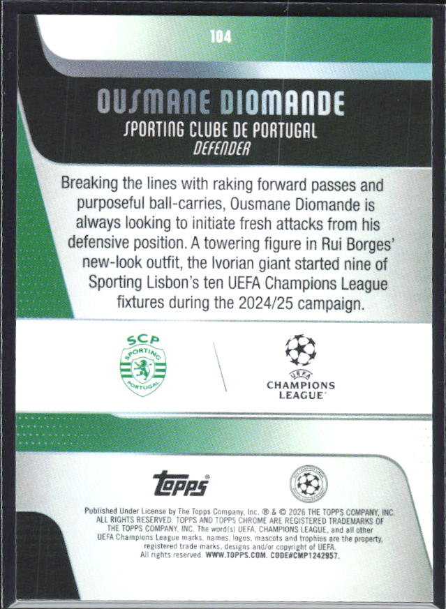 Ousmane Diomande 2025-26 Chrome UEFA #104 – baksida