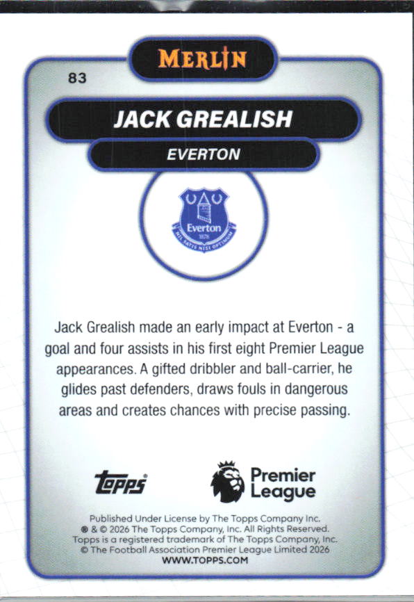Jack Grealish 2026 Merlin Premier League #83 – baksida
