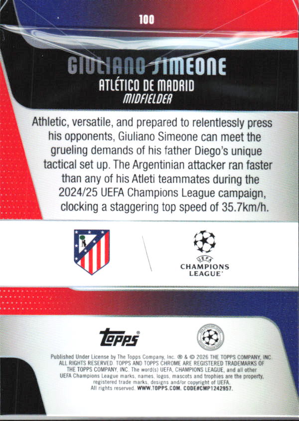 Giuliano Simeone 2025-26 Chrome UEFA #100 – baksida