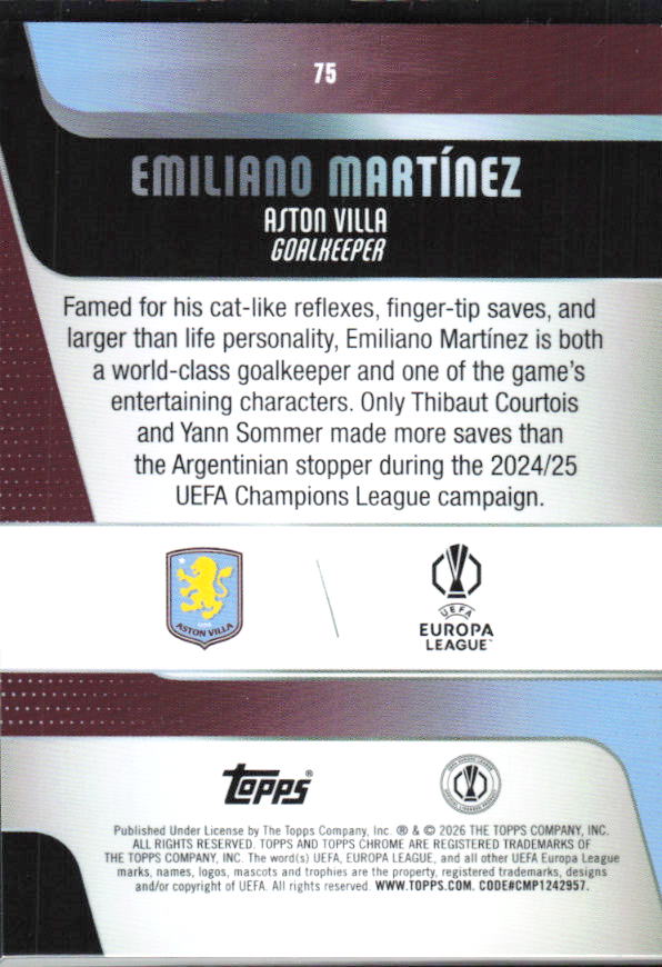 Emiliano Martínez 2025-26 Chrome UEFA #75 – baksida