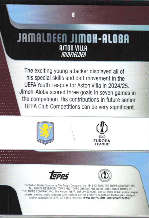Jamaldeen Jimoh-Aloba 2025-26 Chrome UEFA RC #8 – baksida