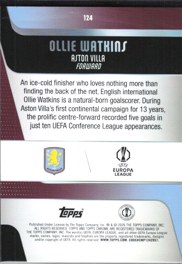 Ollie Watkins 2025-26 Chrome UEFA #124 – baksida