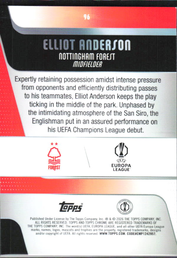 Elliot Anderson 2025-26 Chrome UEFA #96 – baksida