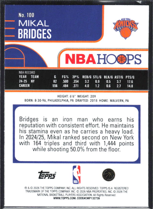 Mikal Bridges 2025-26 NBA Hoops #100 – baksida
