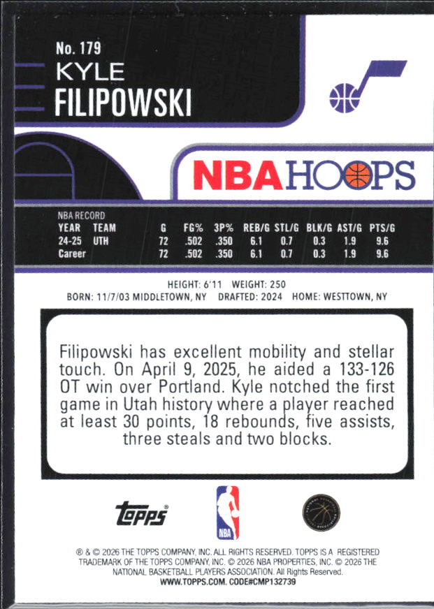 Kyle Filipowski 2025-26 NBA Hoops #179 – baksida