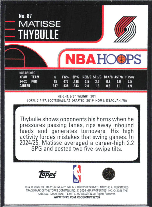 Matisse Thybulle 2025-26 NBA Hoops #87 – baksida