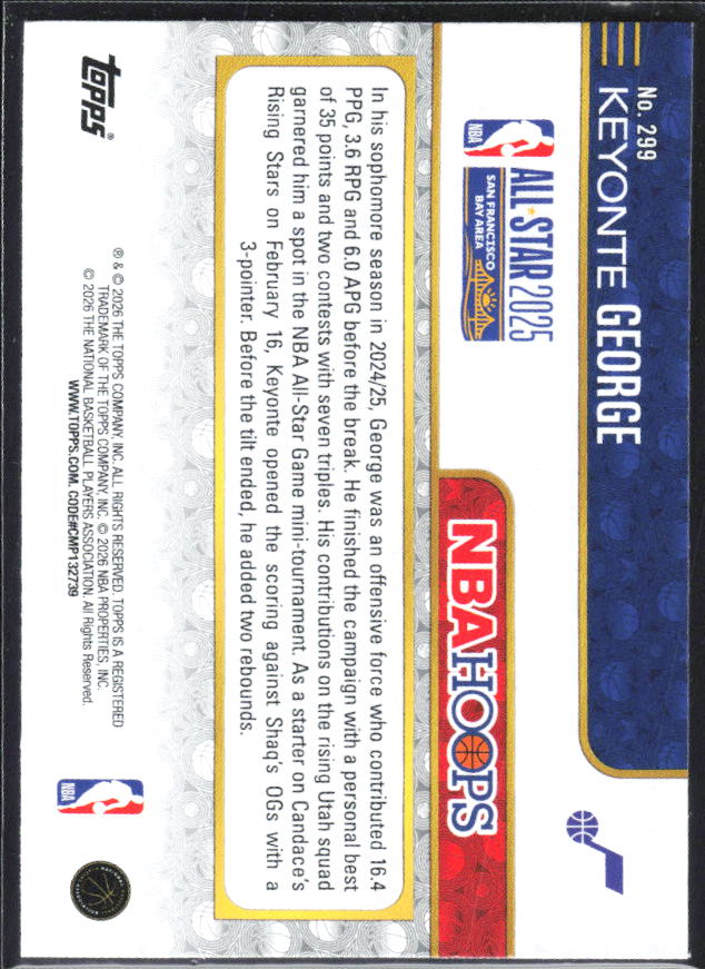 Keyonte George 2025-26 NBA Hoops All-Star 2025 #299 – baksida