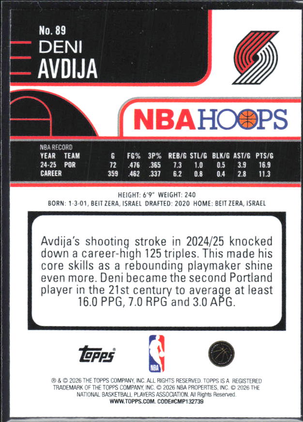 Deni Avdija 2025-26 NBA Hoops #89 – baksida